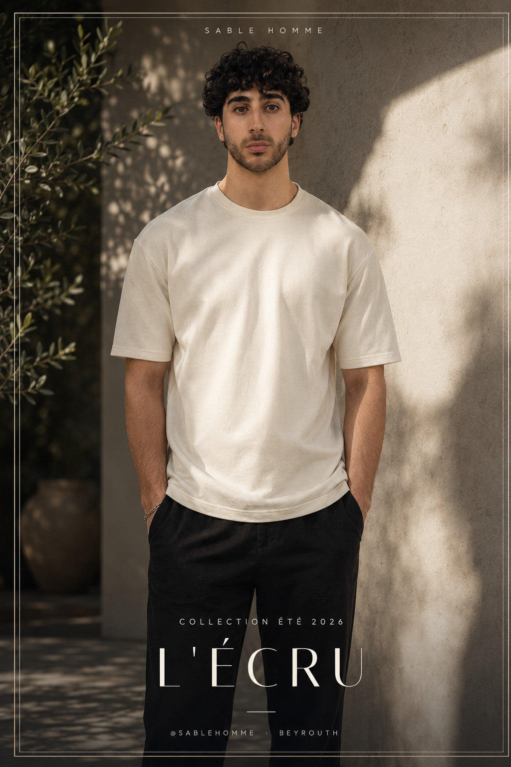 French Terry T-Shirt in Ivory with Linen Pants in Midnight — light above, ink below.