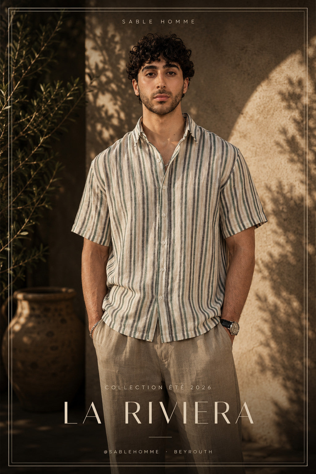 Short Sleeve Chemise in Riviera with Linen Pants in Atlas — stripes, sun, and the shade of an olive tree.