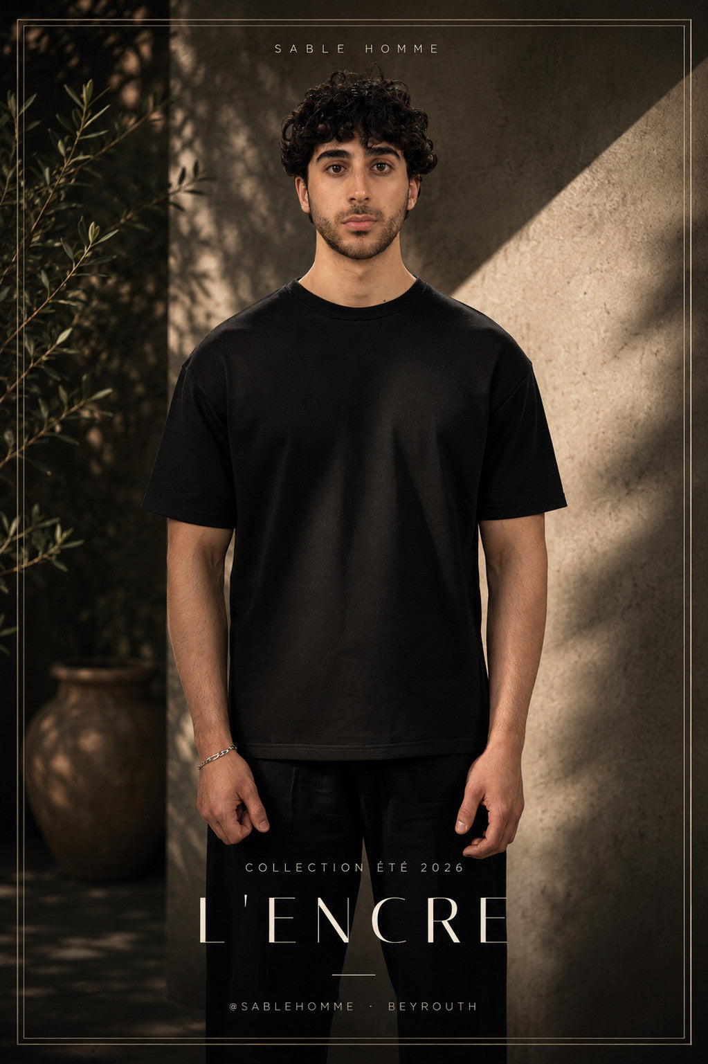French Terry T-Shirt in Midnight with Linen Pants in Midnight — full ink, no interruption.