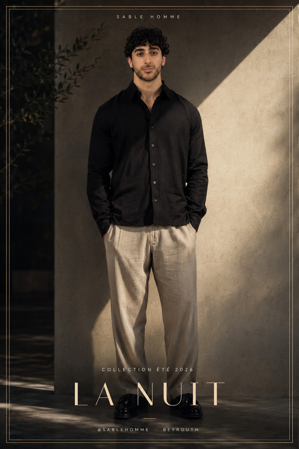 Long Sleeve Chemise in Midnight with Linen Pants in Ivory — dark above, sand below, nothing out of place.